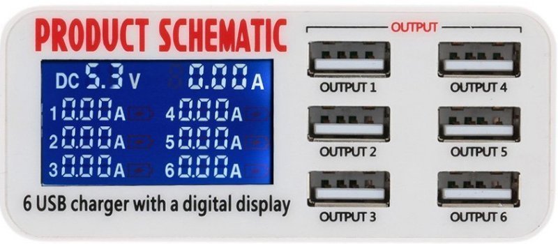 

Ładowarka Usb 30W, 6 wyjść, Pomiar wyświetlacz LCD