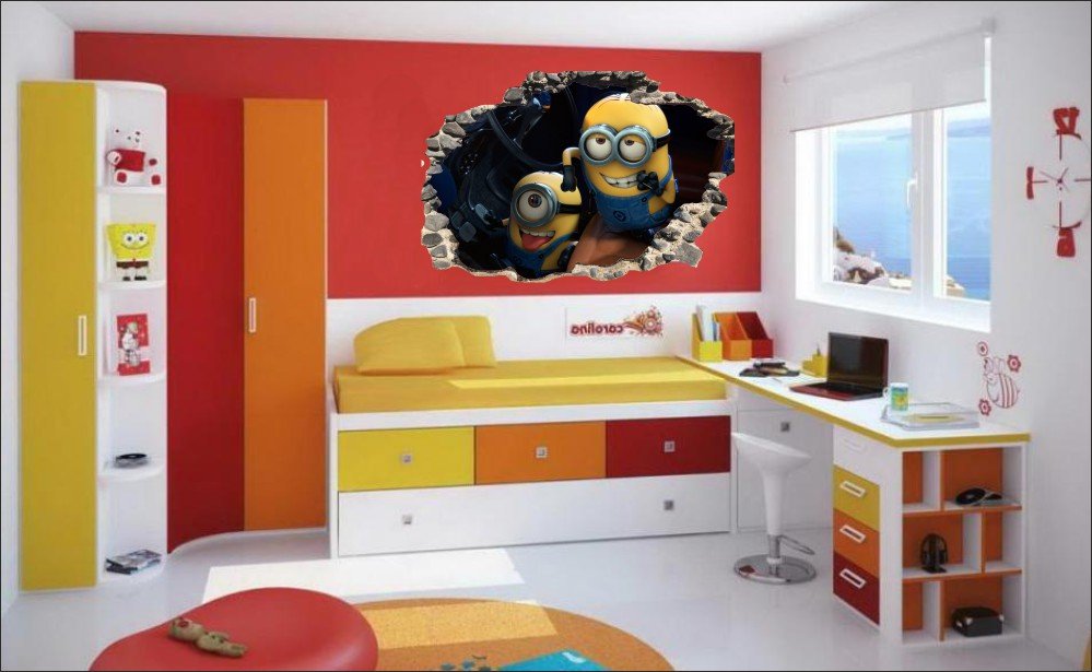 NAKLEJKI NA ŚCIANĘ Dziura w ścianie MINIONKI Szerokość 90 cm