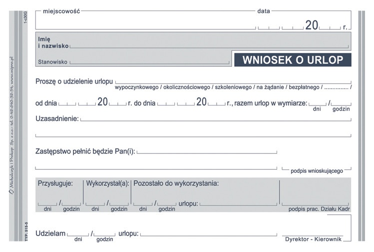 

515-5 Wniosek O Urlop druki kadrowe bloczek 40