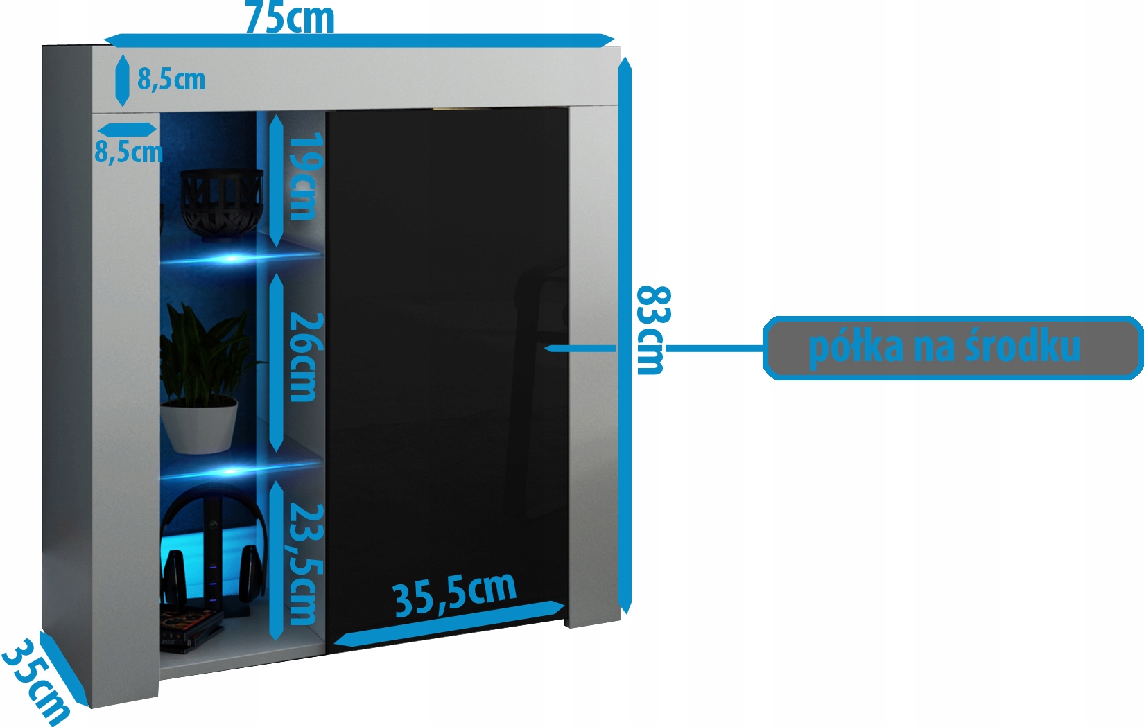 KOMODA biały czarny drzwiczki wysoki POŁYSK 70 80 75CM Marka Fargo