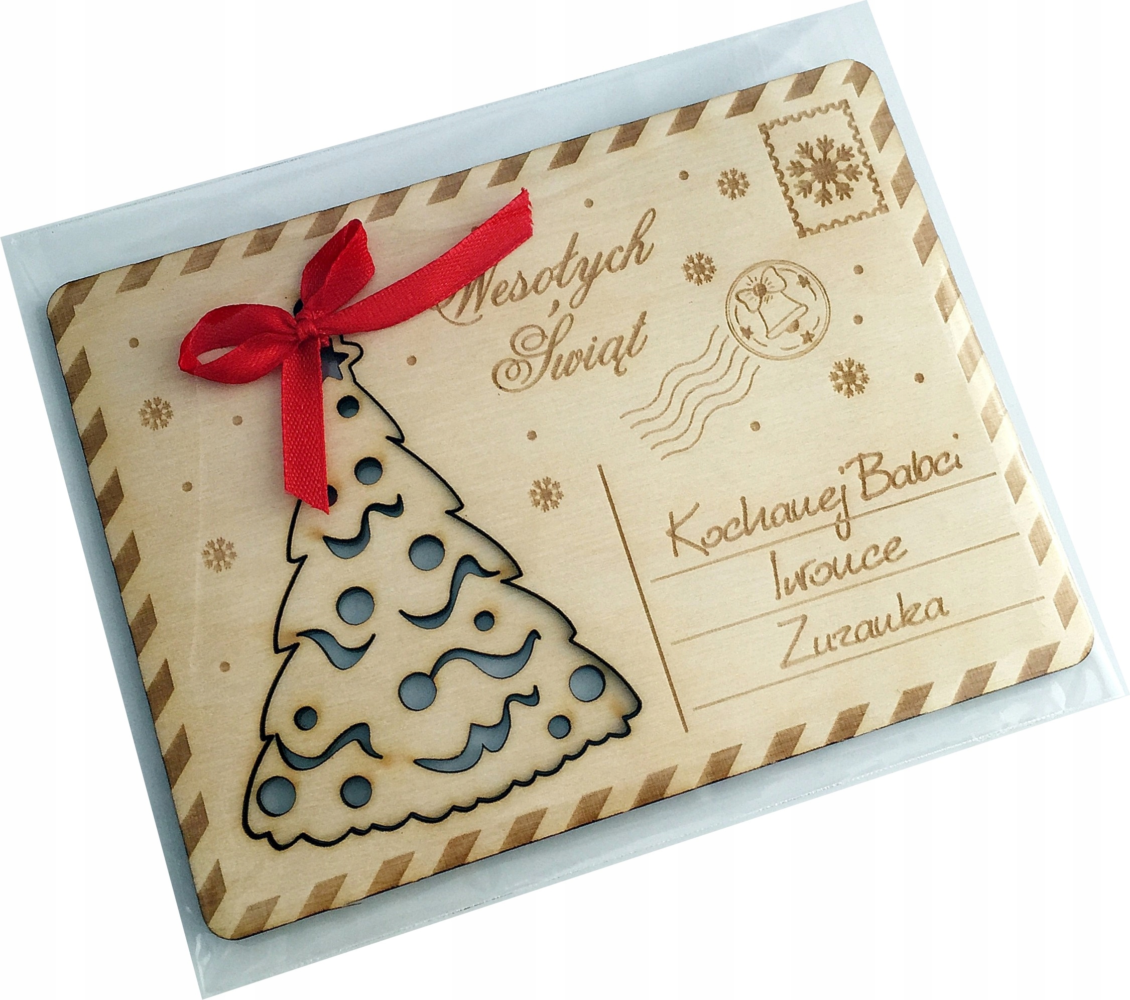 KARTKA ŚWIĄTECZNA drewniana z OZDOBA na choinka #1 Marka inna