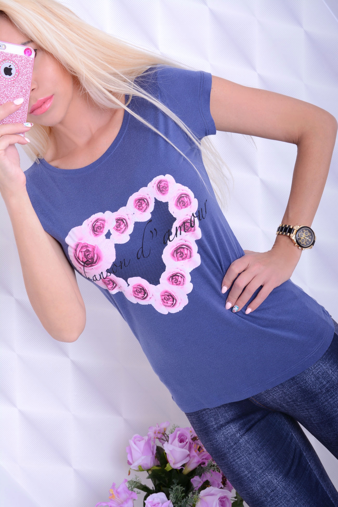 

Miły Modny T-shirt Motyw Serce Jeans Oddycha 634_S