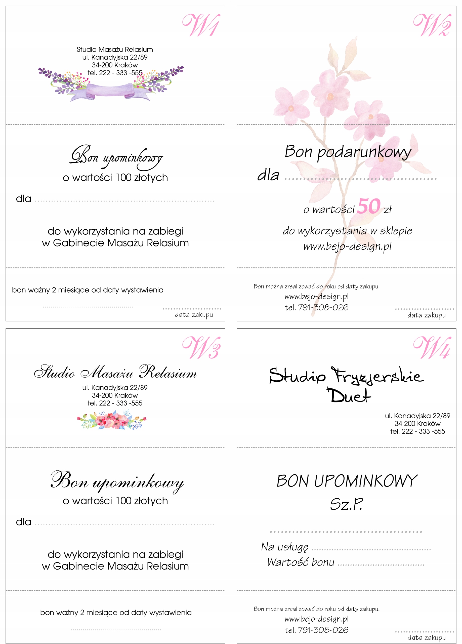 BONY PODARUNKOWE UPOMINKOWE voucher PAKIET 10 SZT Kształt prostokątny