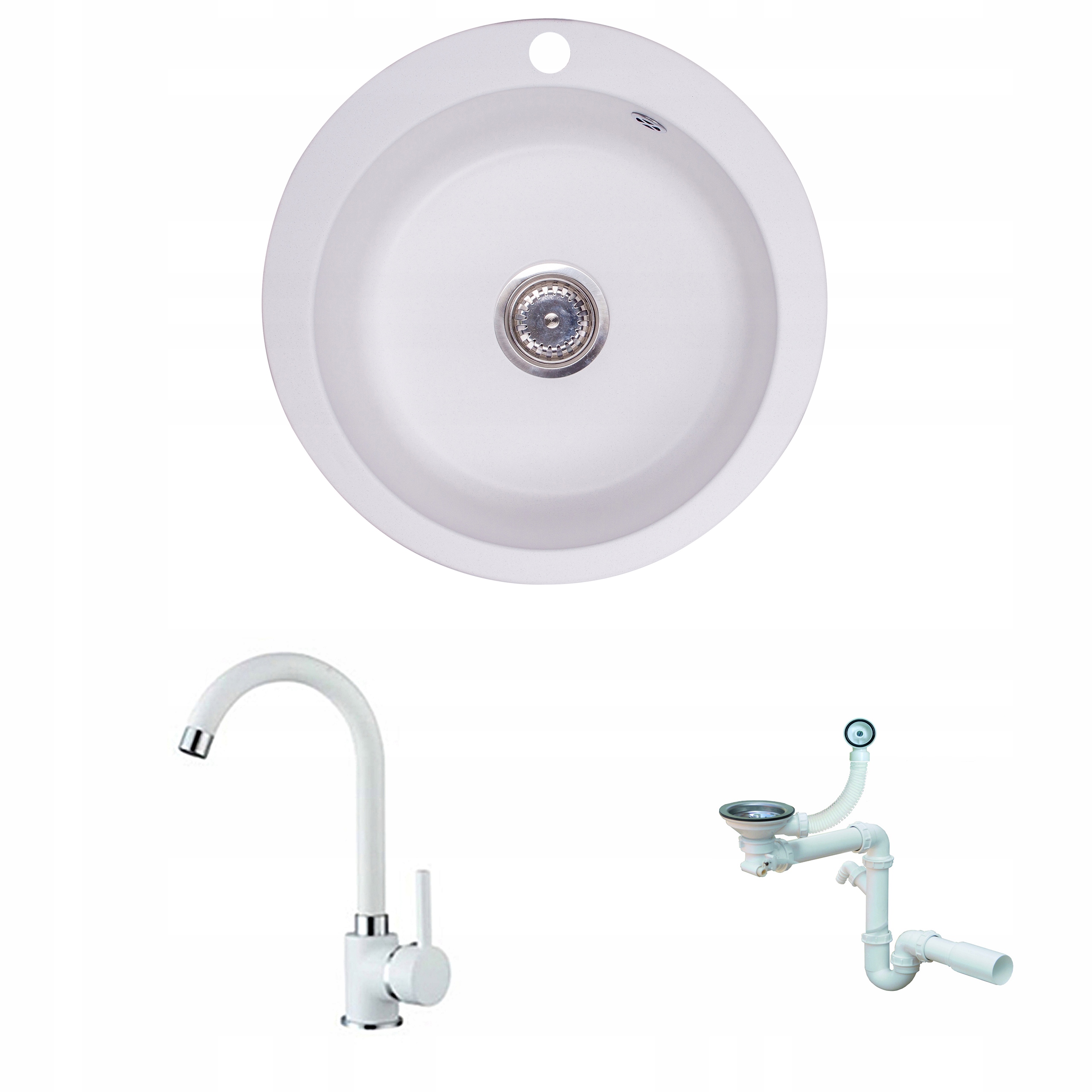 

Zlewozmywak Granitowy Okrągły Biały Bateria