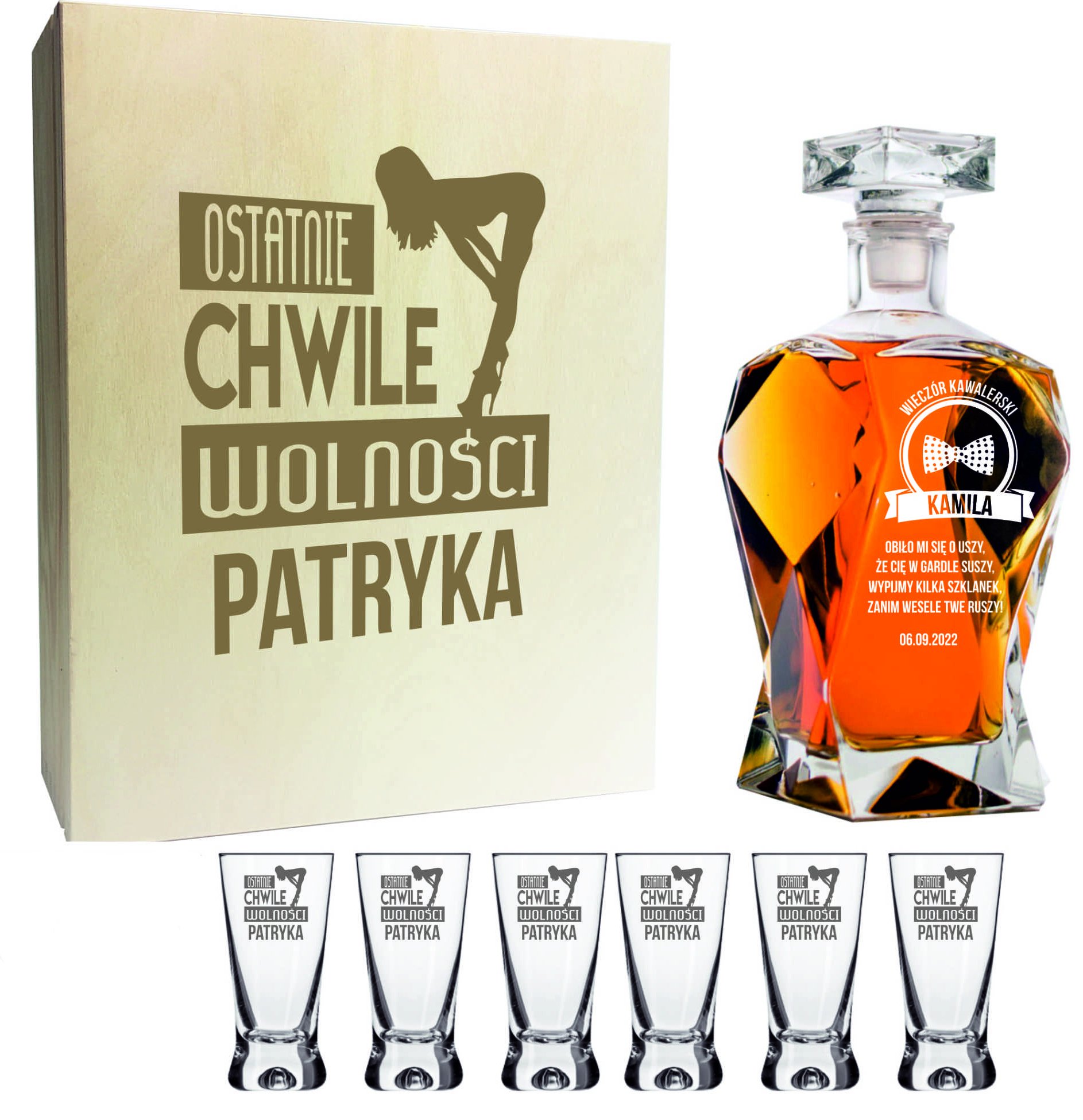 

Karafka kieliszki x 6 Pudełko Grawer Kawalerski