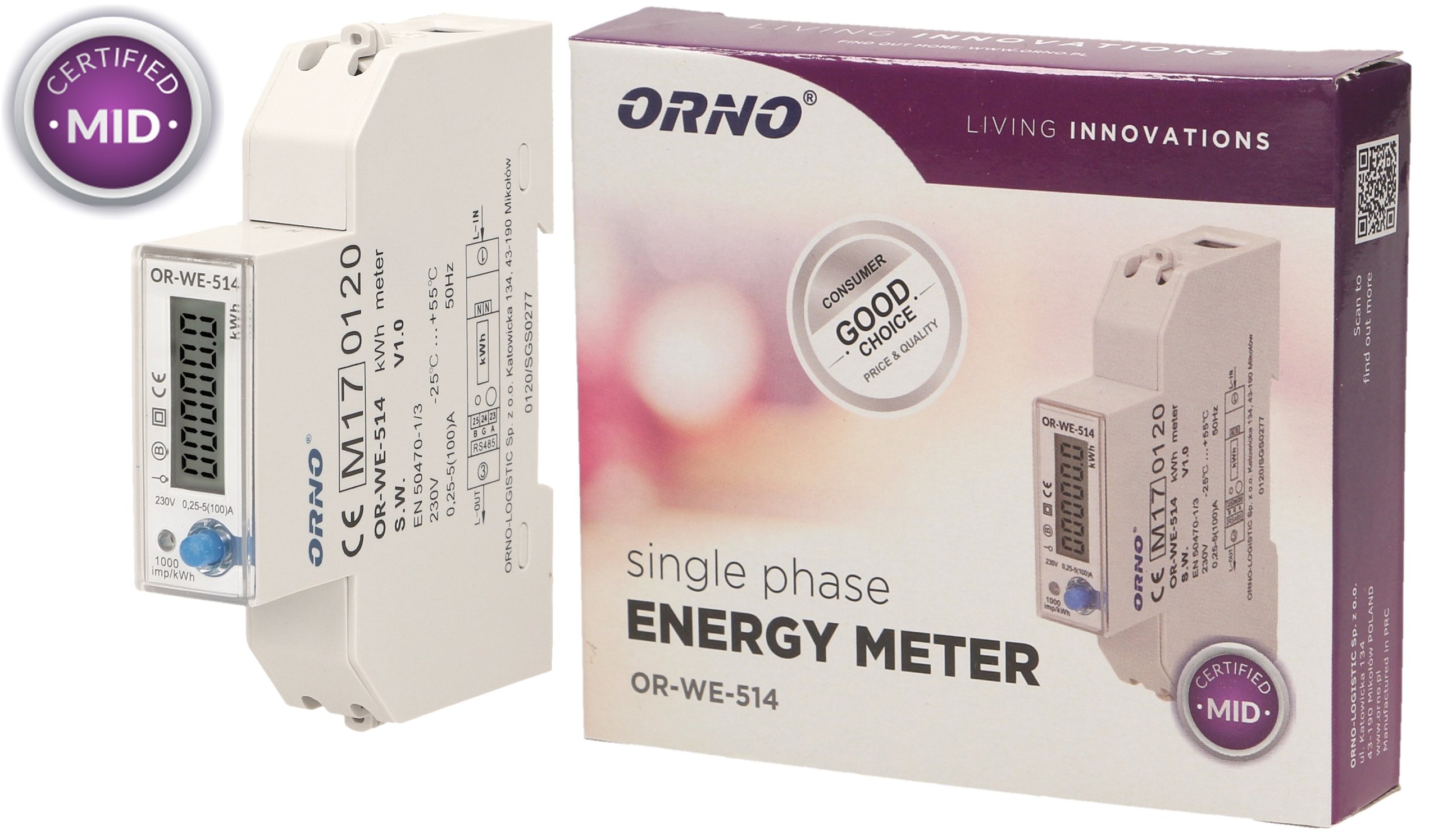 

1 Fazowy Licznik Energii 100A MID RS485 OR-WE-514