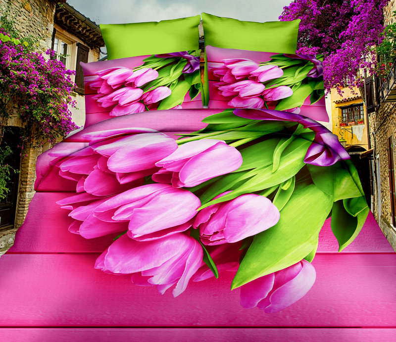 Pościel 3D 160x200 - Różowe Tulipany Róża Orchidea