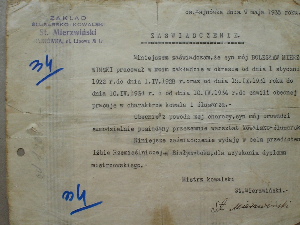 Zaświadczenie Hajnówka 1935 r.