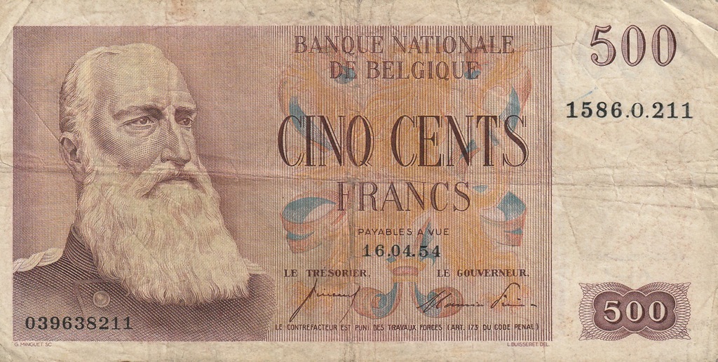 Belgia 500 francs 1954