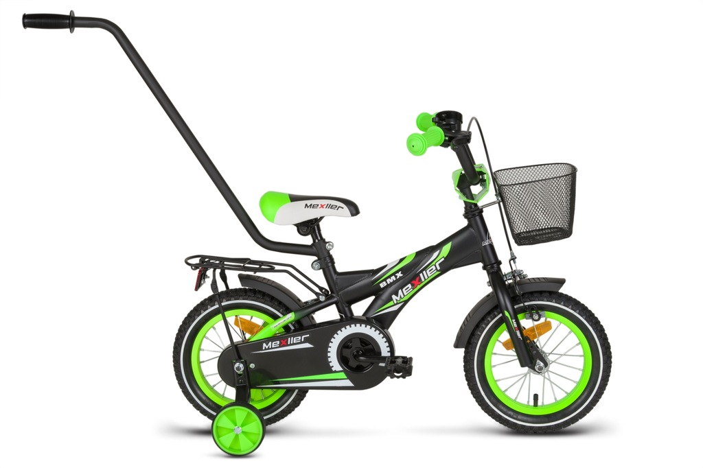 Rower 12 MEXLLER BMX czarno-zielony mat + koszyk