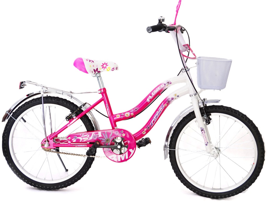 Rower 20"W-V różowy w kwiatki-koszyk-bagażnik