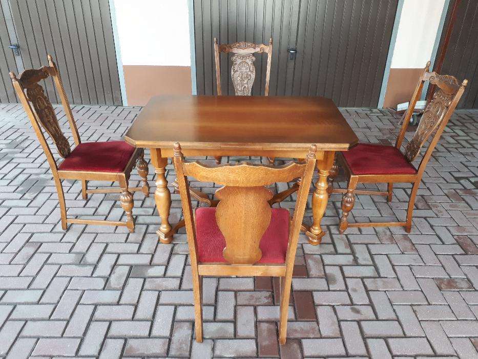 Stylowy Stół Dębowy + 4 Krzesła Rzeźbione