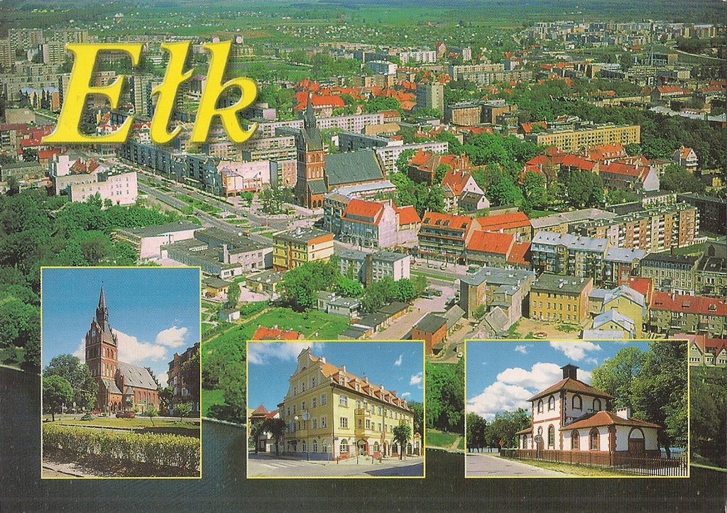 pocztówka EŁK Panorama z lotu ptaka Kościół