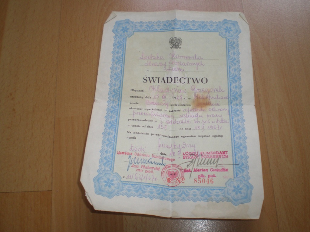 dyplom straż pożarna - Łódź 1967
