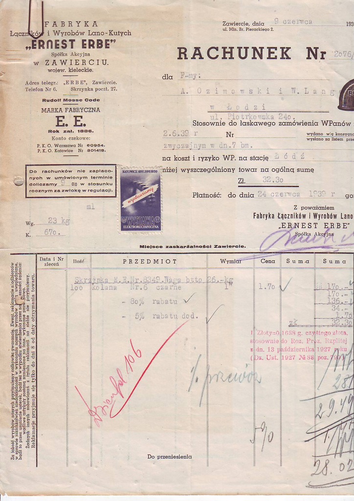 ERNST ERBE Zawiercie, 1939r. do Łodzi