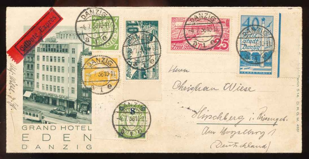 1936 WMG, expres DANZIG 1 GRAND HOTEL EDEN.