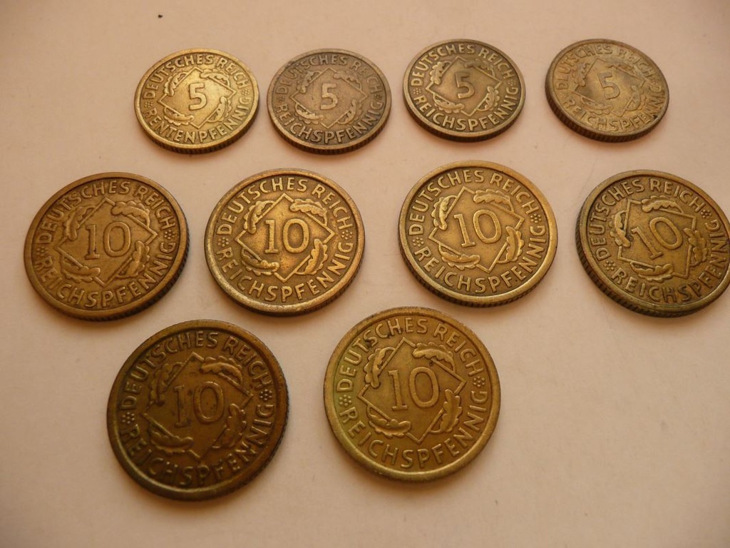 Monety niemieckie 1924 - 1936, 4 x 5 pf, 6 x 5 pf