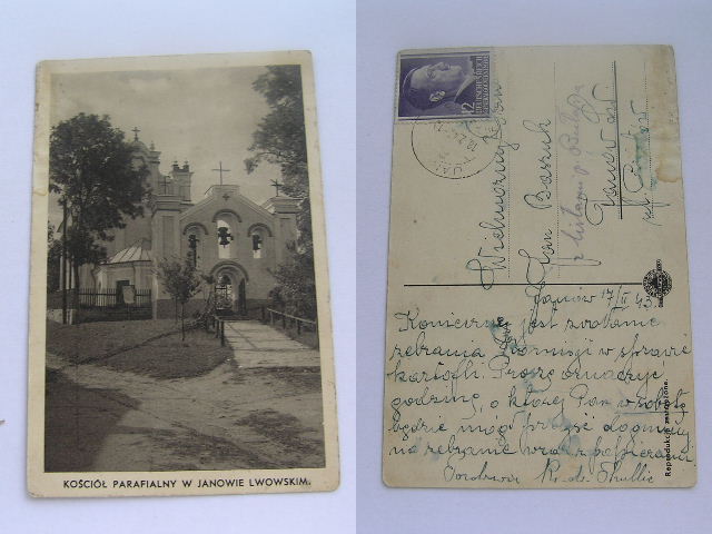 JANÓW LWOWSKI / LWÓW - KOŚCIÓŁ - STEMPEL GG 1943 J