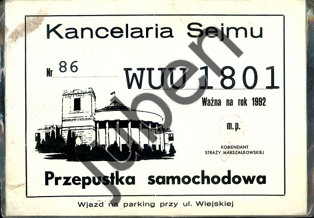 Warszawa Sejm przepustka samochodowa 1992 r
