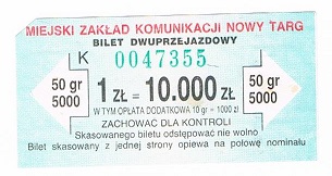 Bilet MZK Nowy Targ za 1zł, 10 000 zł. 