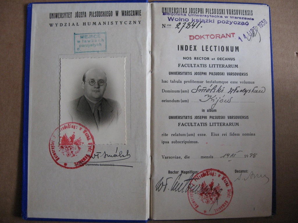 indeks doktoranta Uniwersytet Warszawski 1938 r.