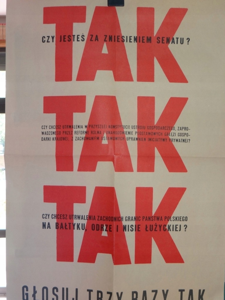 3 X TAK REFERENDUM 1946 PLAKAT KOMUNIZM 68 x 48 cm