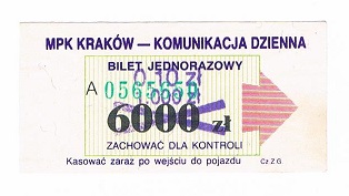 Bilet MPK Kraków za 6 000 zł, 1000 zł, 0,10 zł