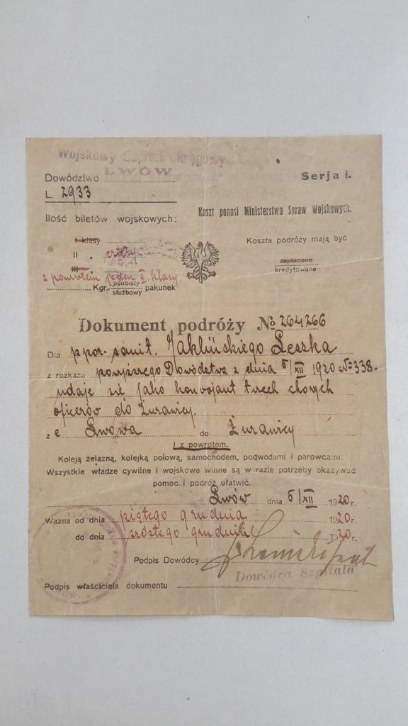Dokument podróży służbowej Lwów 1920