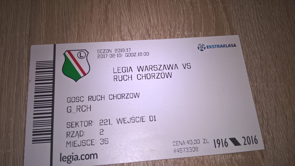 Bilet Legia Warszawa-Ruch Chorzów Gosc 19.02.2017