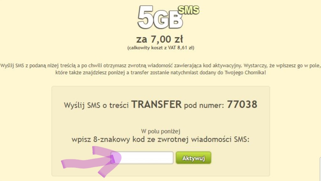 CHOMIKUJ 5GB - KOD SMS PREMIUM -Ważny BEZTERMINOWO