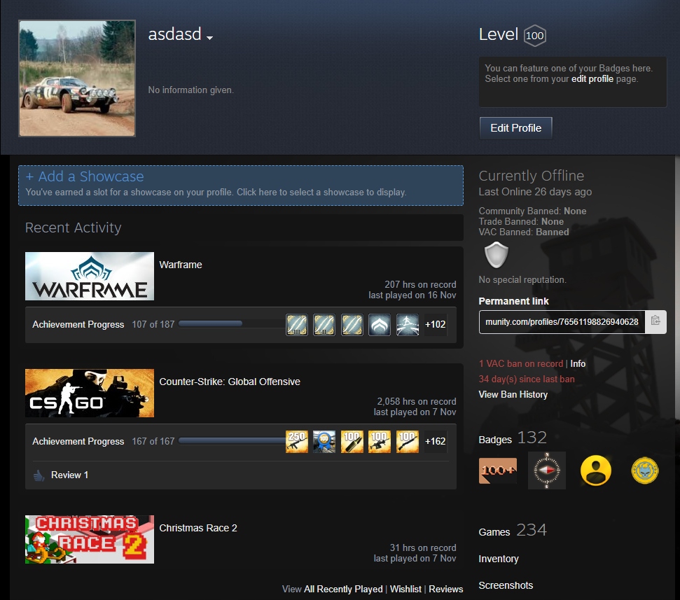 Konto Steam 100 LEVEL CS:GO VAC BAN