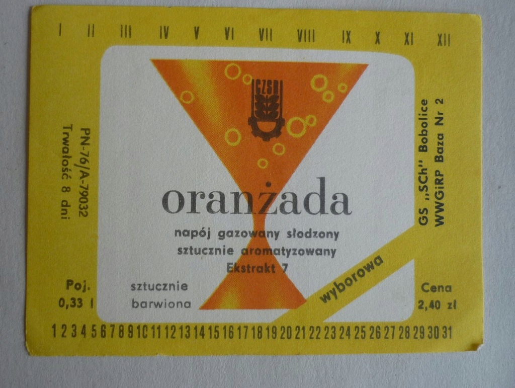 etykieta WODA NAPÓJ ORANŻADA BOBOLICE