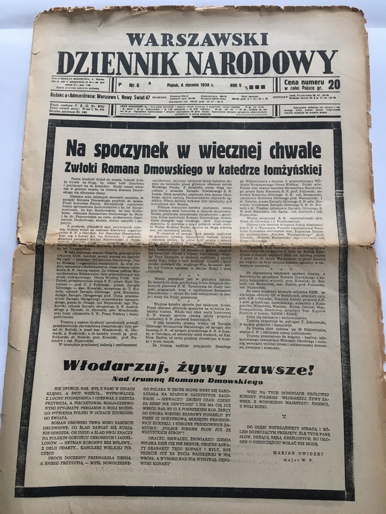 ROMAN DMOWSKI WARSZAWSKI DZIENNIK NARODOWY 1939