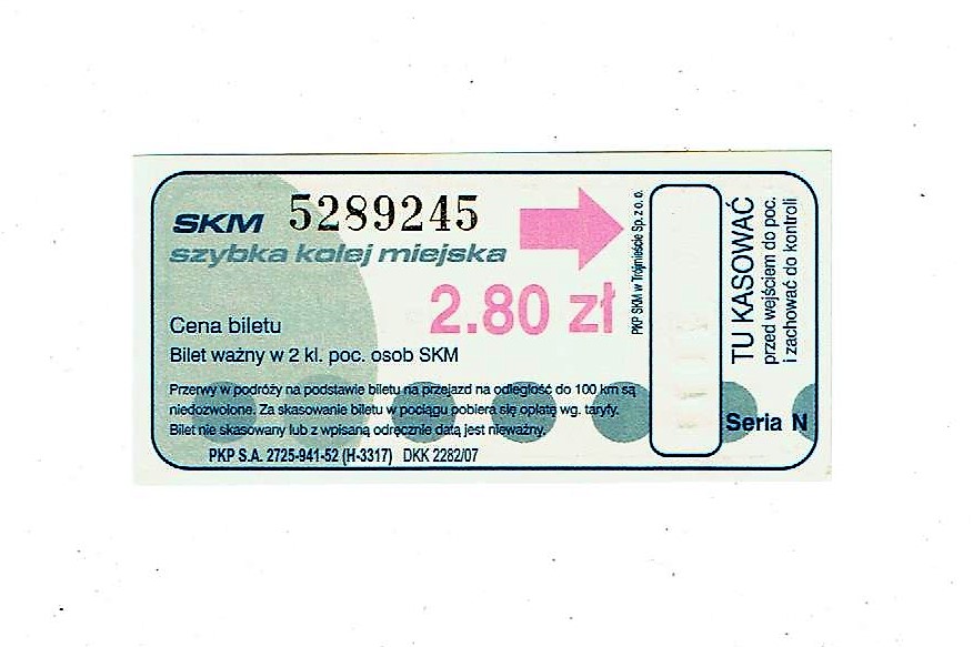 Bilet PKP SKM Trójmiasto 2,80 zł - skasowany