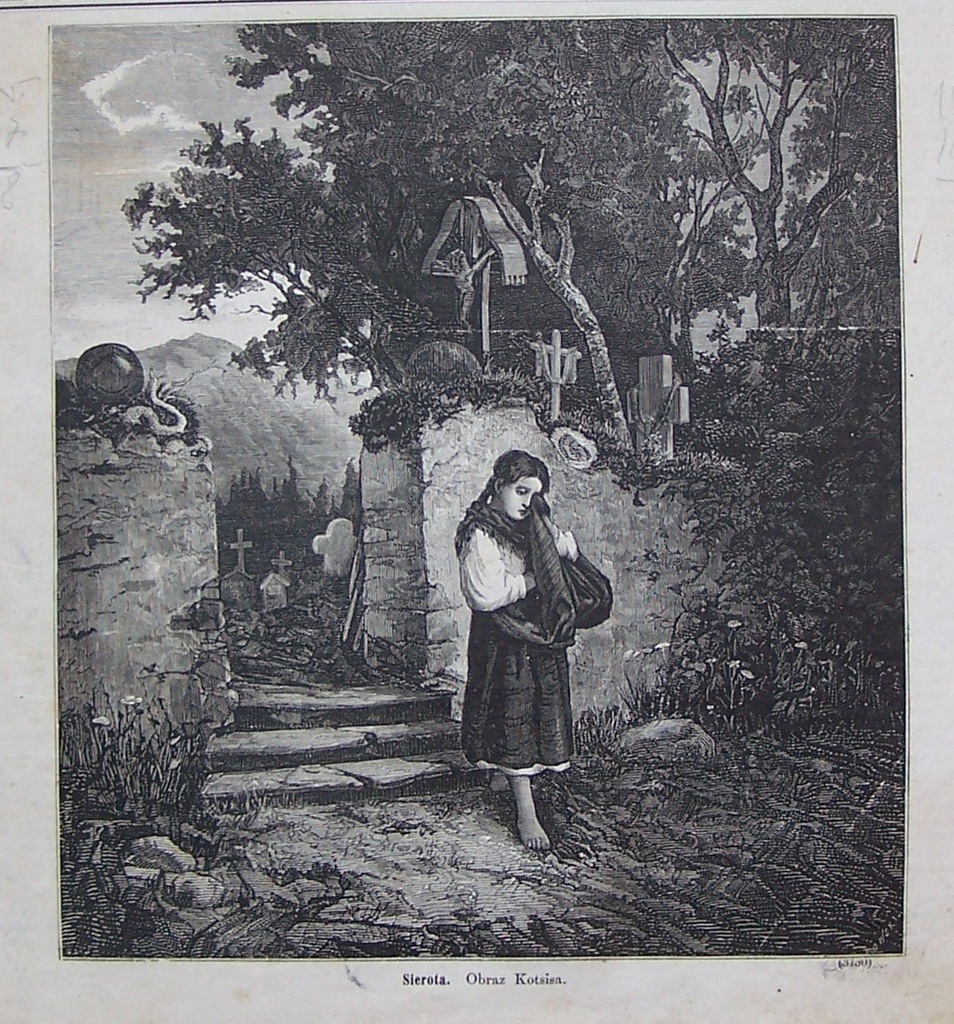DZIEWCZYNKA SIEROTA NA CMENTARZU, grafika XIX w.