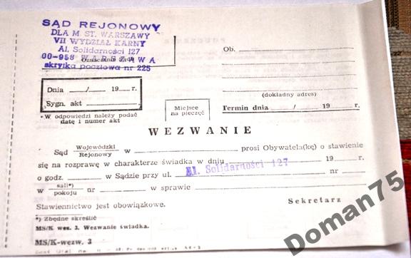 WEZWANIE NA ROZPRAWĘ DRUK SĄDOWY LATA '80 NOWY!!!!