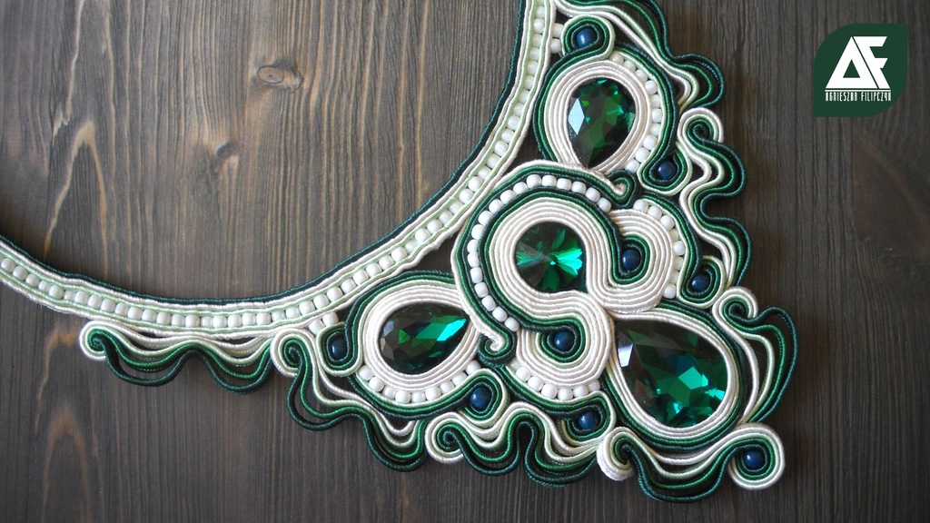 Naszyjnik sutasz soutache zielony kremowy kolia