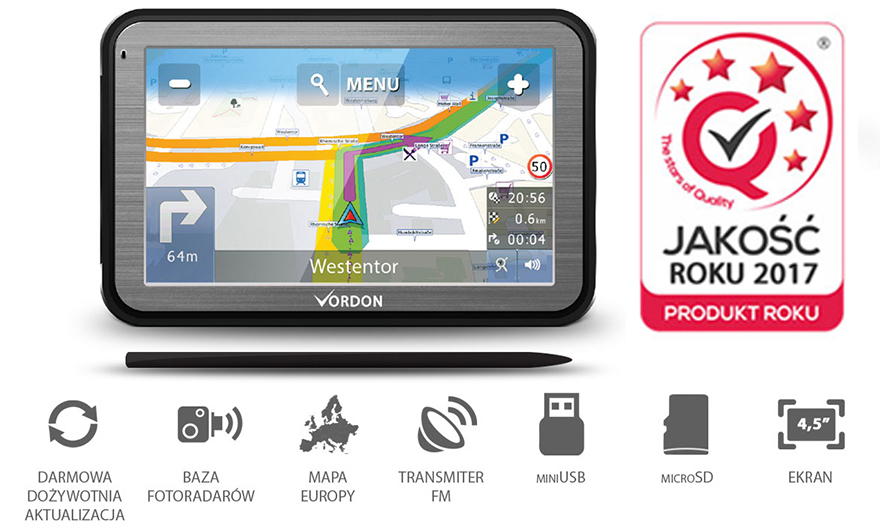 Nawigacja samochodowa GPS VORDON 4,5'' MAPY PL+EU
