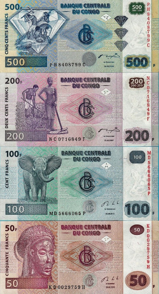 KONGO 50-500 FRANKÓW 2002/13 UNC 4 BANKNOTY