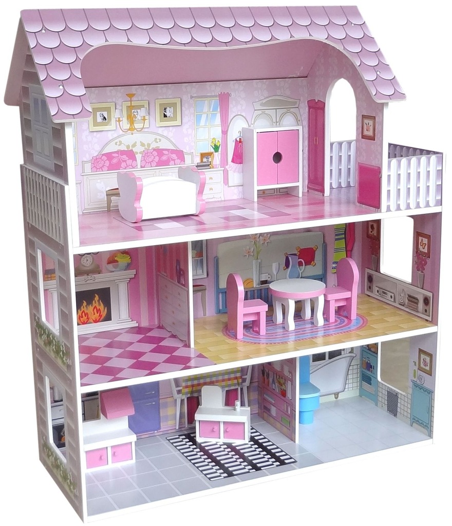 DREWNIANY DOMEK DLA LALEK BARBIE CHELSEA + MEBLE