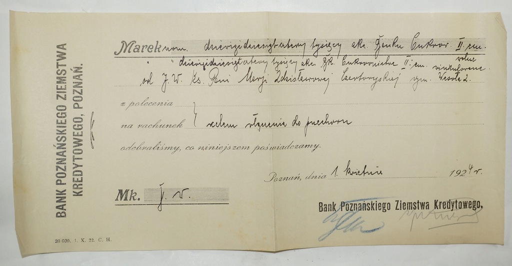 Kwit bankowy Ks. Maria CZARTORYSKA 1.4.1924r.