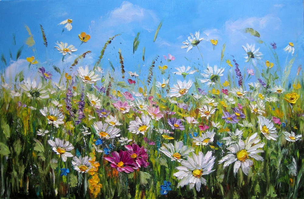 ŁĄKA obraz olejny 60X40 pejzaż kwiaty