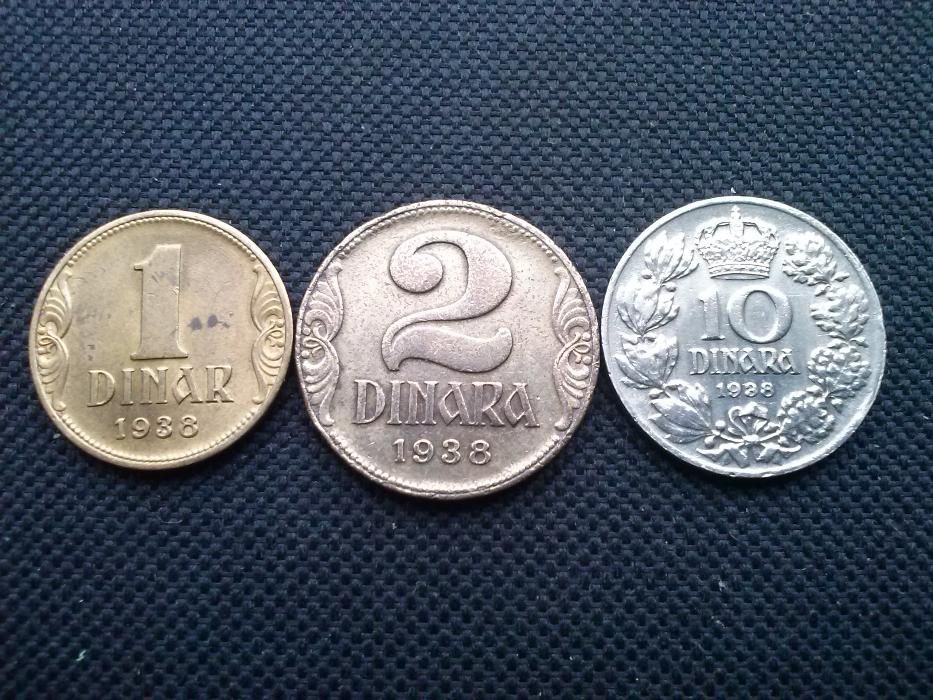Zestaw 1, 2 i 10 Dinarów, Jugosławia 1938 r. 