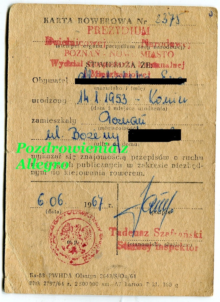 POZNAŃ 1967r Stara Karta Rowerowa, PRL