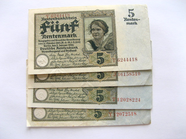 Zestaw 4 x banknot 5 marek 1926 stan 3+