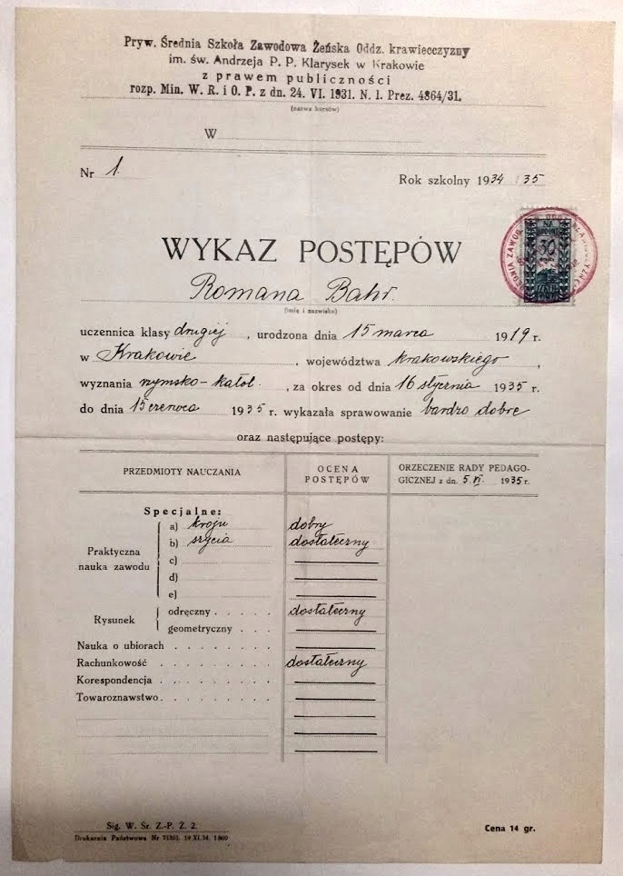 ŚWIADECTWO SZKOŁA KRAWIECKA SS. KLARYSKI 1935