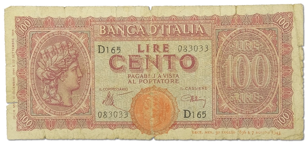 14.Włochy, 100 Lirów 1943, P.75, St.3-