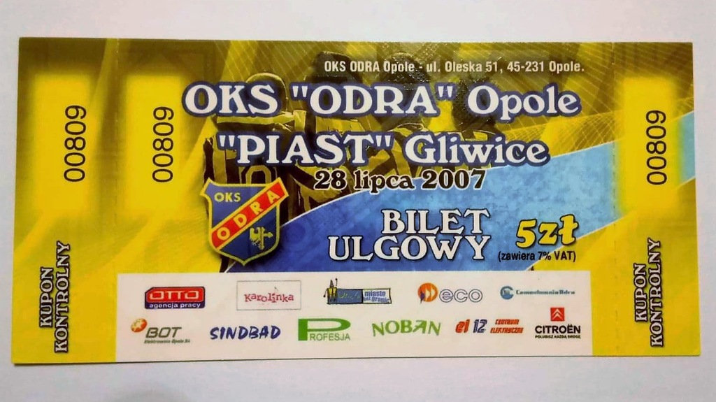 Bilet Odra Opole - Piast Gliwice 28.07.2007