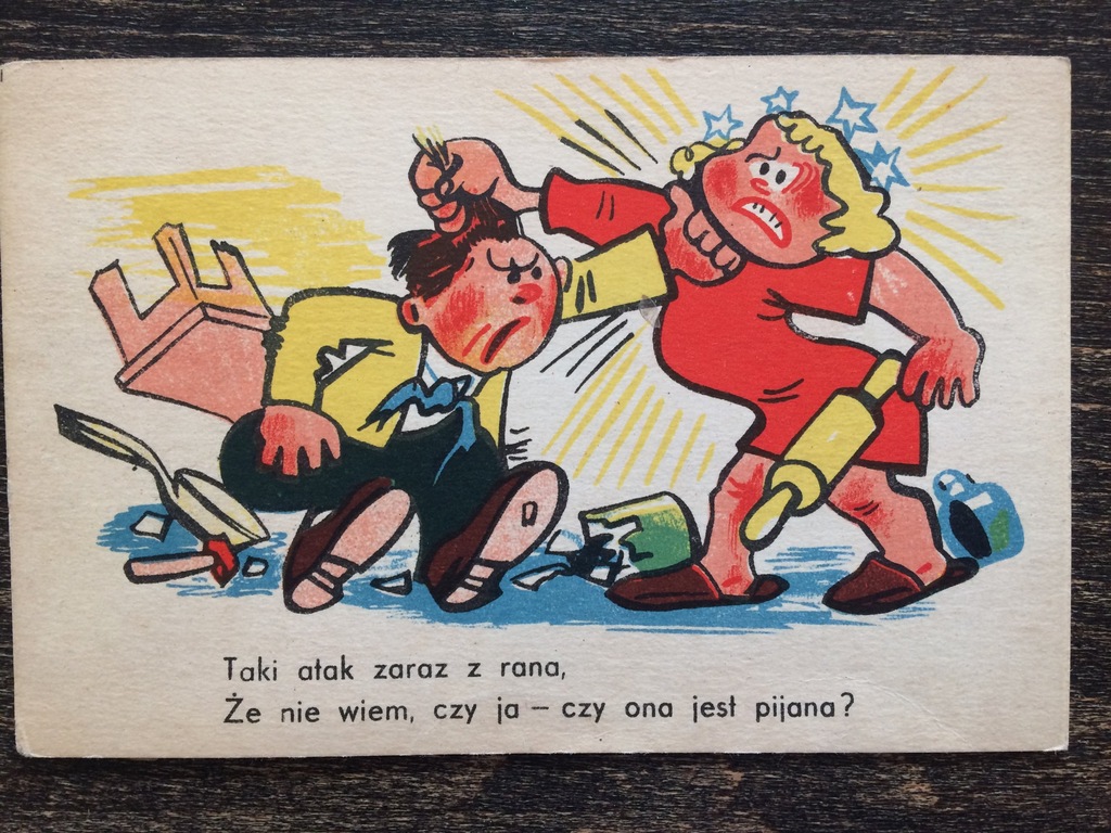 stara pocztówka humor bójka pijanych żona wałek