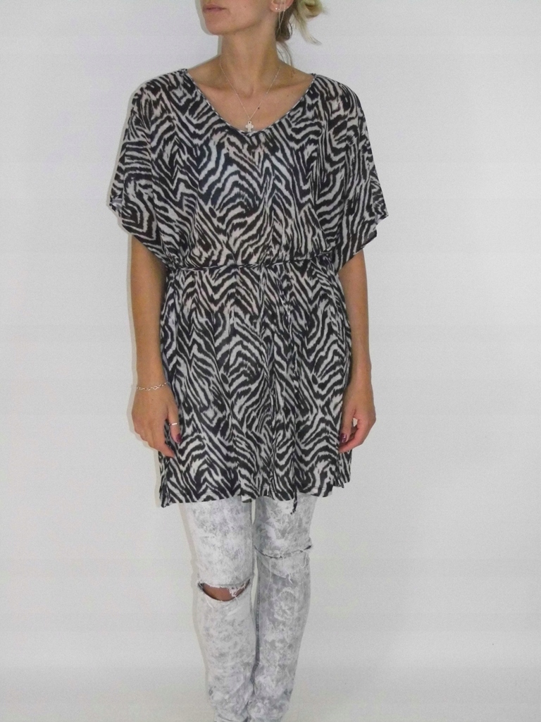 LEKKA TUNIKA OVERSIZE, ZEBRA, WIĄZANA W PASIE, HM